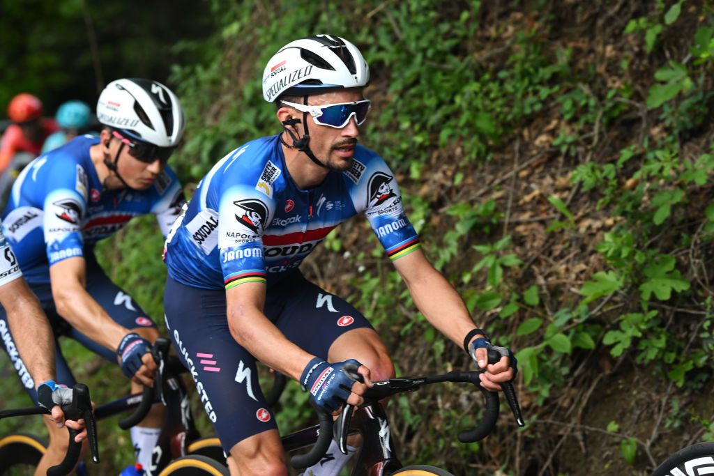 TORINO ITALY MAY 04 Julian Alaphilippe of France and Team Soudal QuickStep competes during the 107th Giro dItalia 2024 Stage 1 a 140km stage from Venaria Reale to Torino UCIWT on May 04 2024 in Torino Italy Photo by Dario BelingheriGetty Images