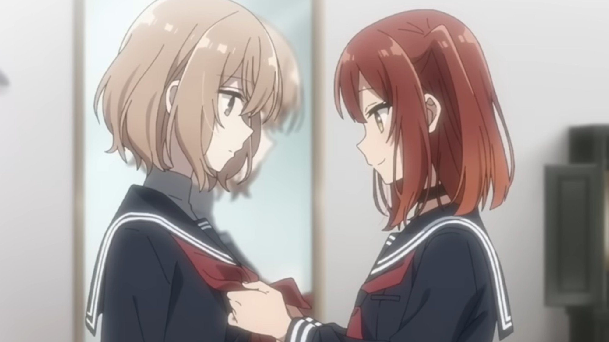 Miko Yashiro helping Hinako Yaotose with her uniform in This Monster Wants to Eat Me