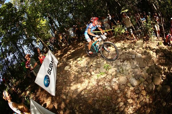 Third-place finisher Robin Williams (Mercy-Specialized) of Iowa City, Iowa, on the rocks at Treadfest 2010.