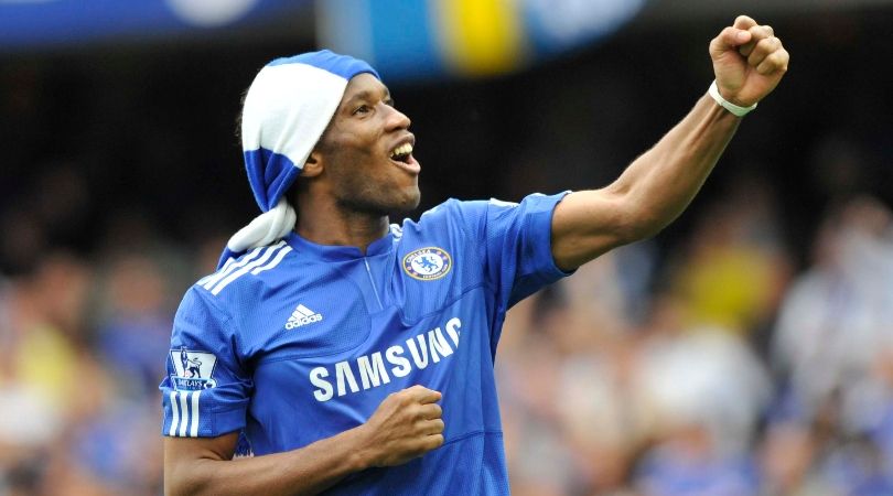 Didier Drogba celebrates Chelsea&#039;s Premier League title win in May 2010 after an 8-0 win over Wigan Athletic at Stamford Bridge.