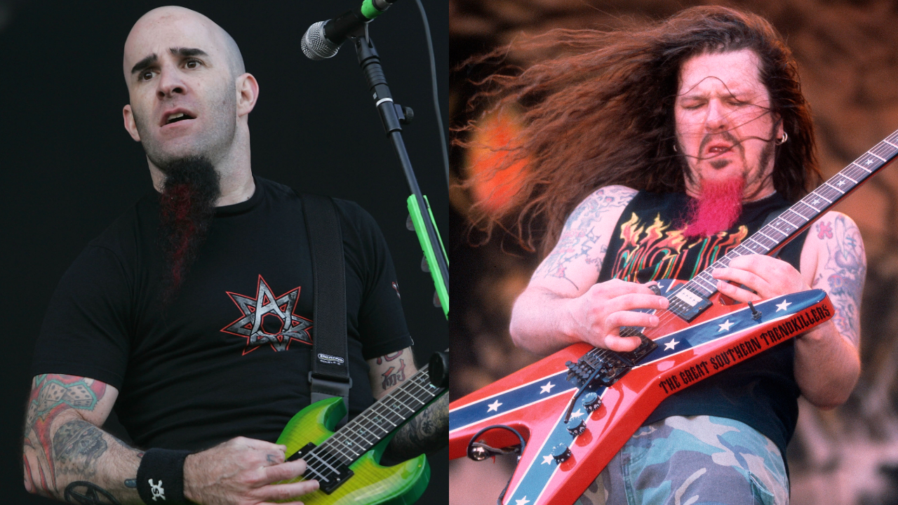 Scott Ian of Anthrax onstage in 2005 and Dimebag Darrell of Pantera onstage in 1997