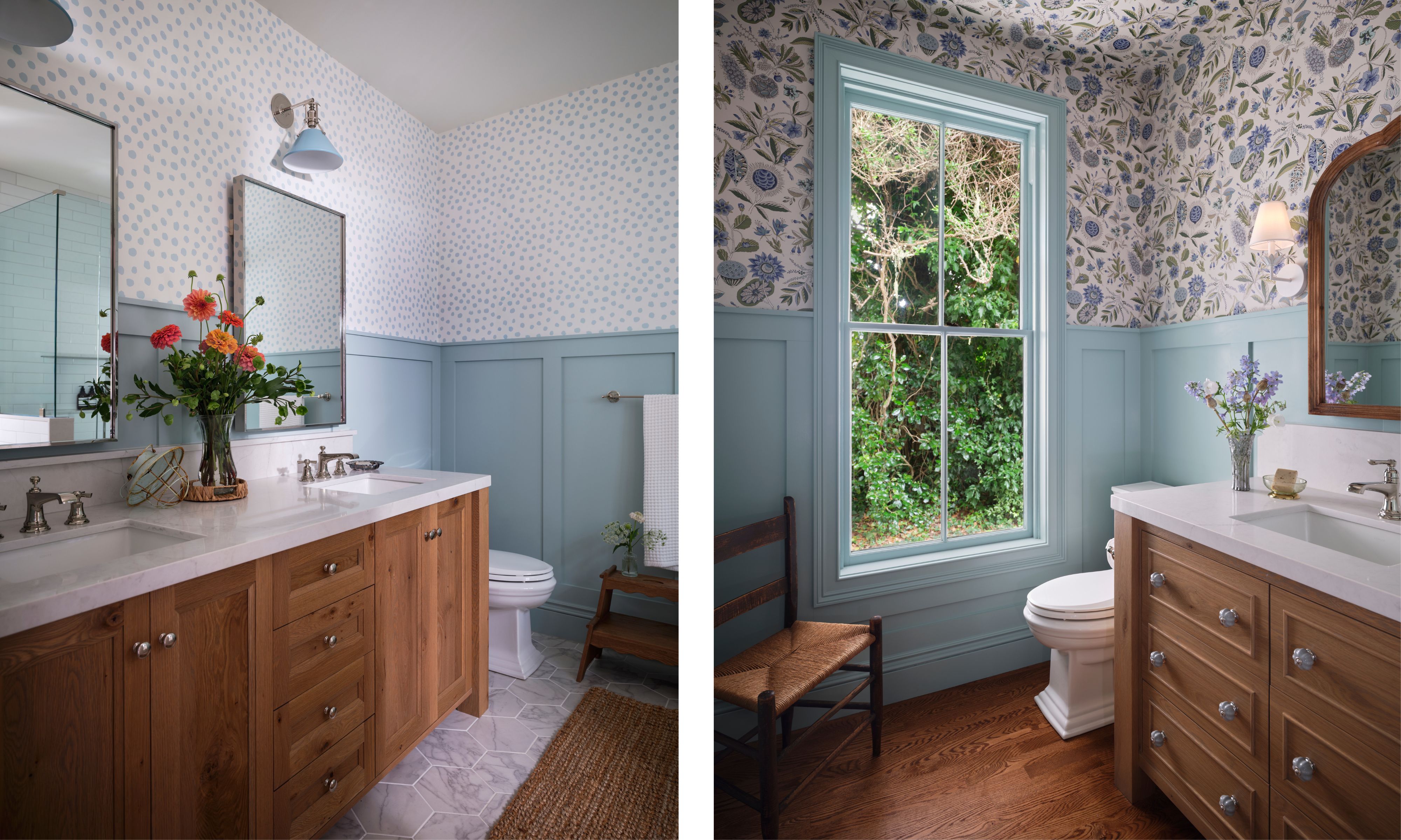 two side by side images of blue painted wallpapered bathrooms with wooden vanities