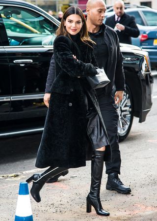 Kendall Jenner is seen arriving to the Longchamp Fall/Winter 2020 Runway Show at Hudson Commons on February 08, 2020 in New York City