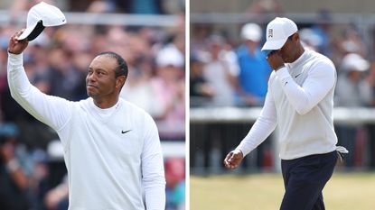 Two images of Tiger Woods at the 150th Open