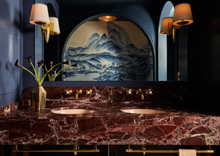 a modern bathroom with red marble vanity