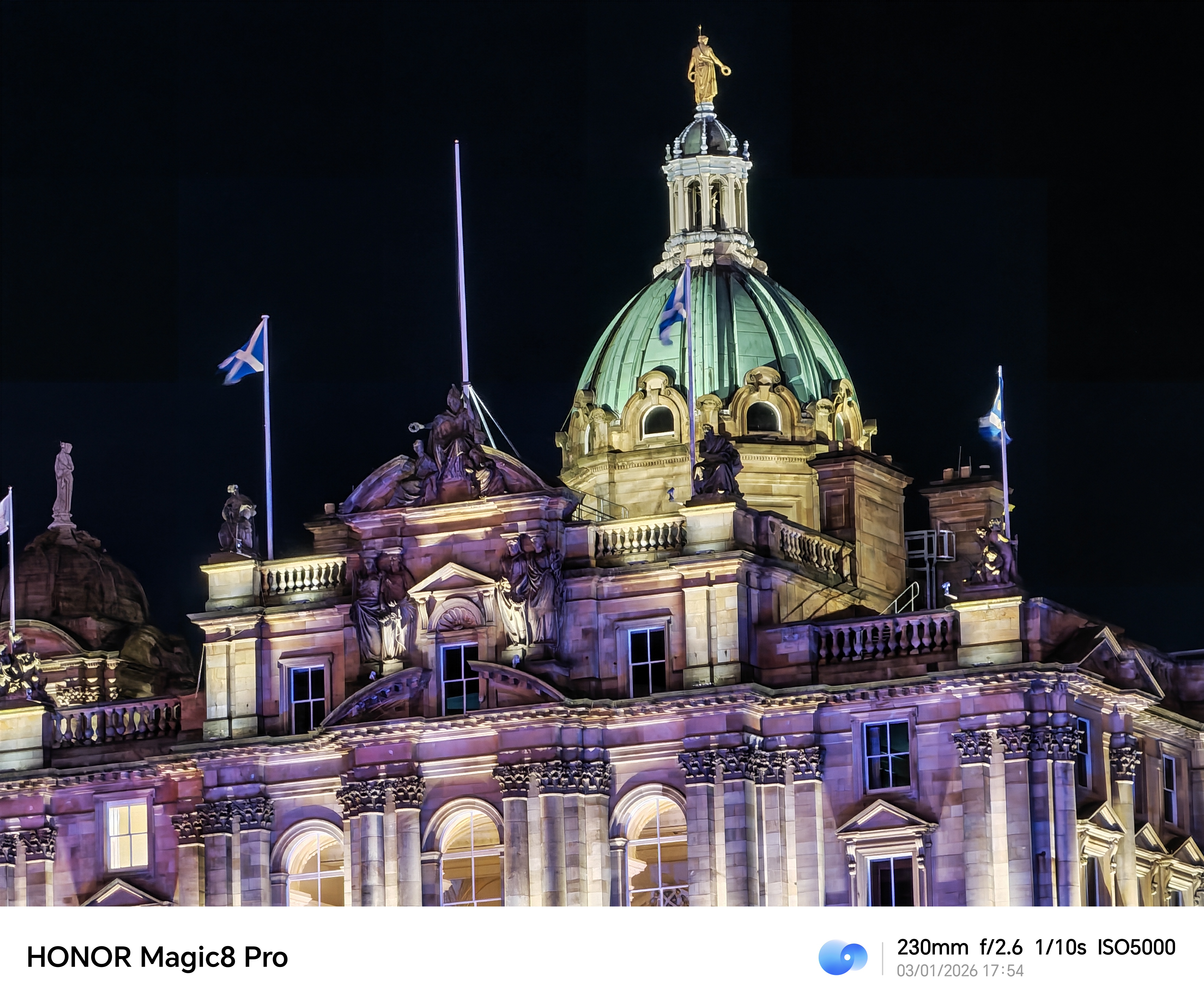 Honor Magic 8 Pro camera sample Edinburgh museum night 10x zoom