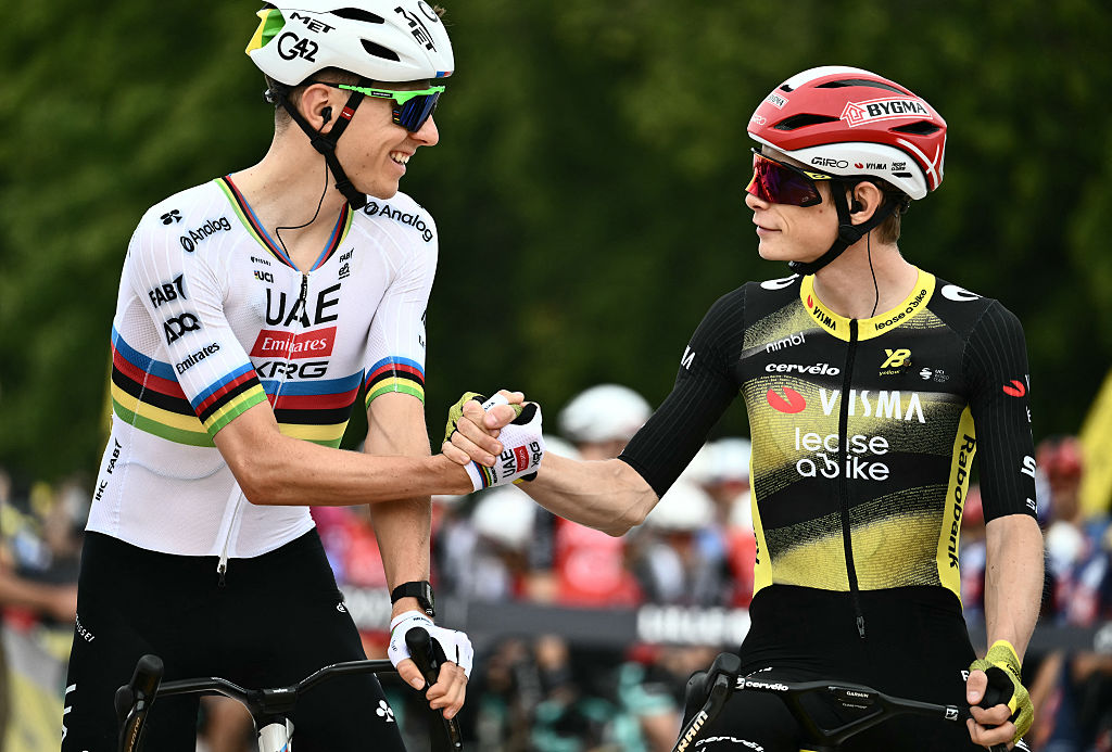 Tour de France 2025 stage 1: Tadej Pogačar greets Jonas Vingegaard on the start line