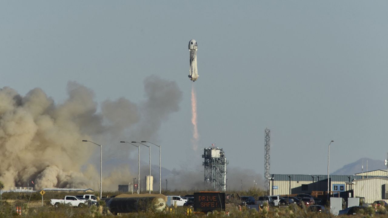 Blue Origin's New Shepard rocket launches a crew of six, including Good Morning America's Michael Strahan, on a suborbital flight from Launch Site One near Van Horn, Texas on Dec. 11, 2021.