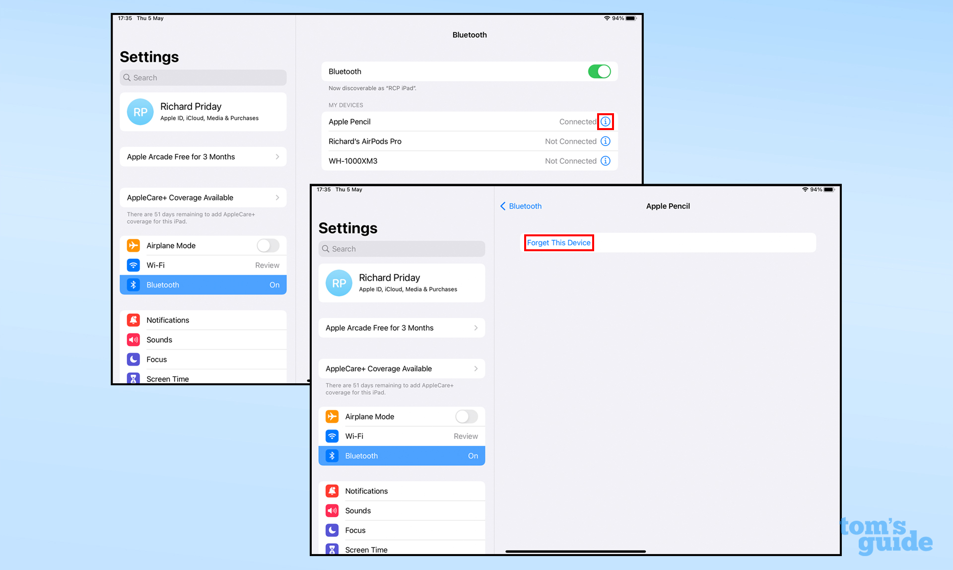 iPadOS Bluetooth Settings app shows how to forget to connect with Apple Pencil