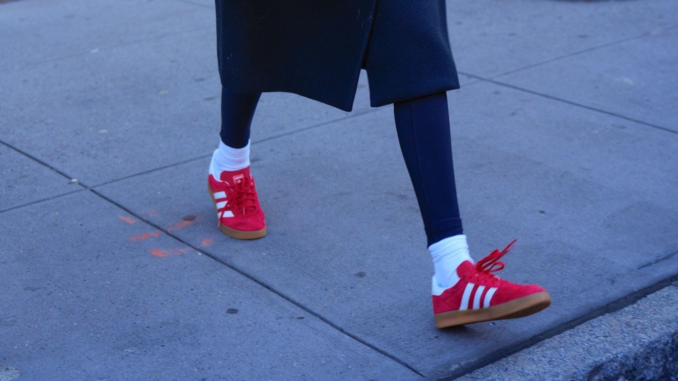 Red Adidas/Gazelles + long black or navy coat
