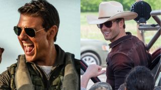 Tom Cruise fist pumps in sunglasses in Top Gun: Maverick and Glen Powell smiles while wearing sunglasses in Twisters, pictured side-by-side. 