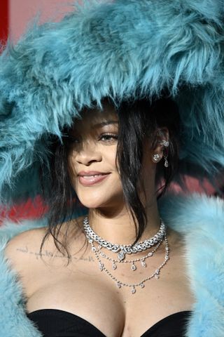 Rihanna wears a fur hat with a matching fur dress on the 2024 fashion awards red carpet