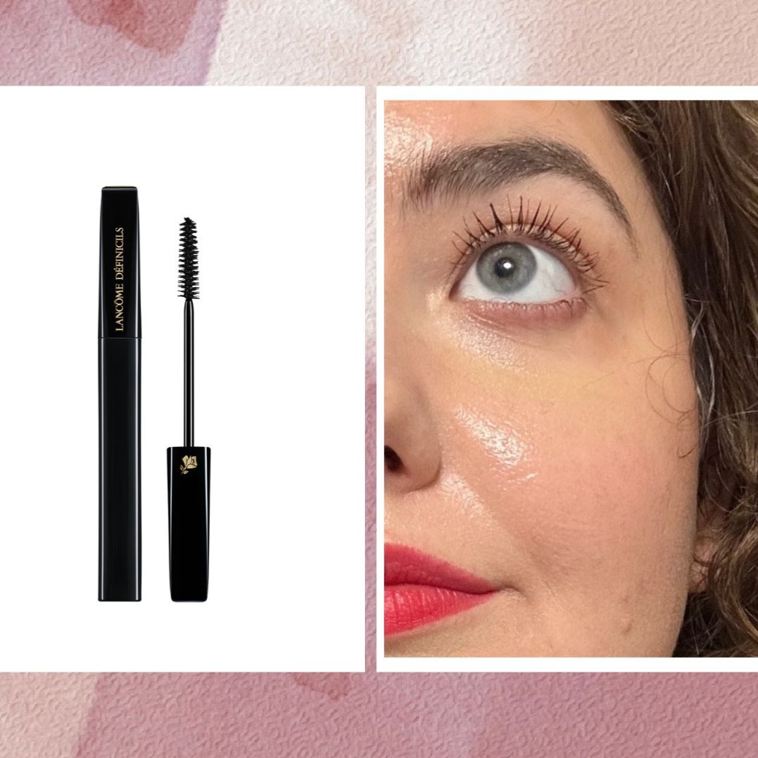 On the left, is a product shot of the Lancôme Définicils mascara, and on the right, is a close-up shot of Senior Beauty Editor Rhiannon Derbyshire wearing the formula on her eyelashes
