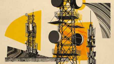 Photo collage of 5G and 4G towers with geometric shapes evoking signal waves in the background