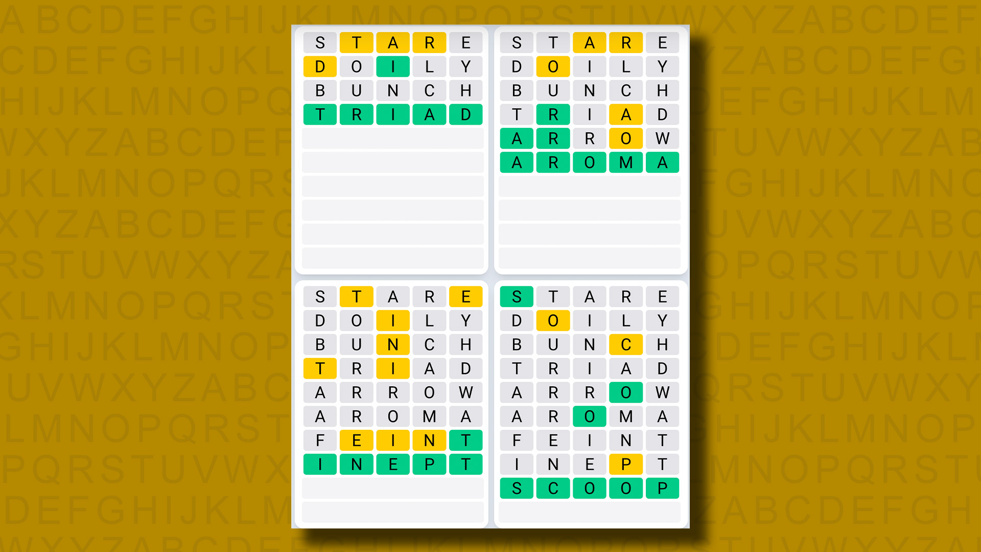 Quordle Day-to-day Sequence answers for sport 967 on a yellow background