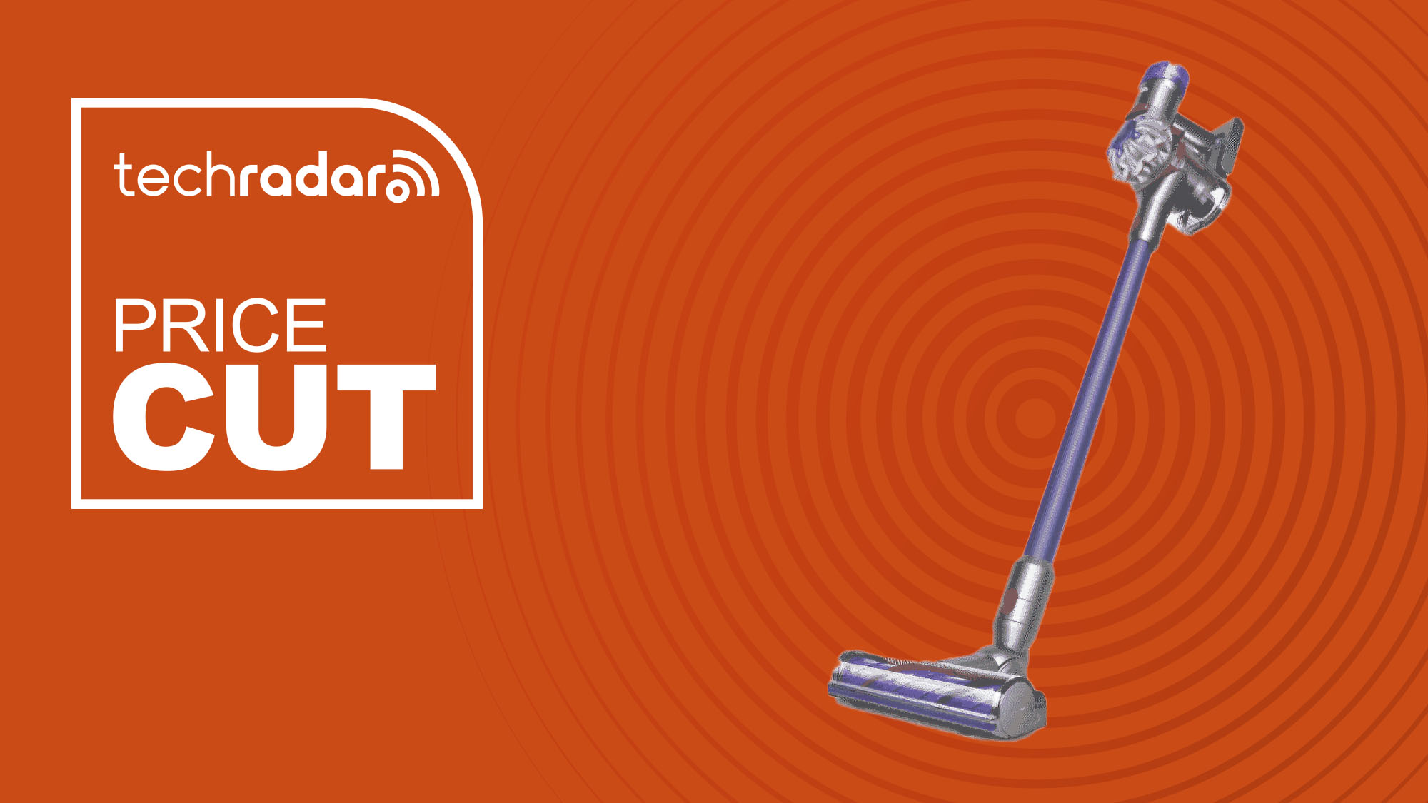 Dyson V8 Plus on orange background with TechRadar price cut sign