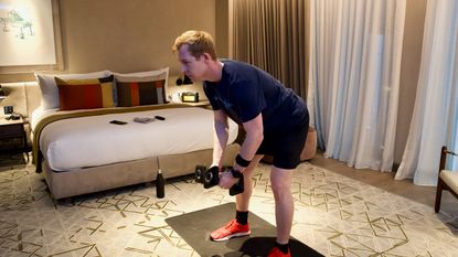 Exercising in hotel room in the evening