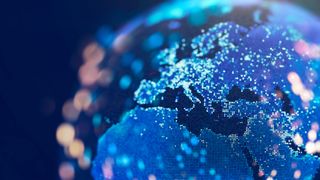 A portion of the globe with countries displayed in digital pixels