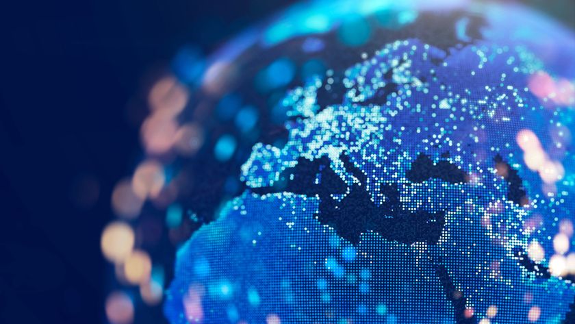 A portion of the globe with countries displayed in digital pixels