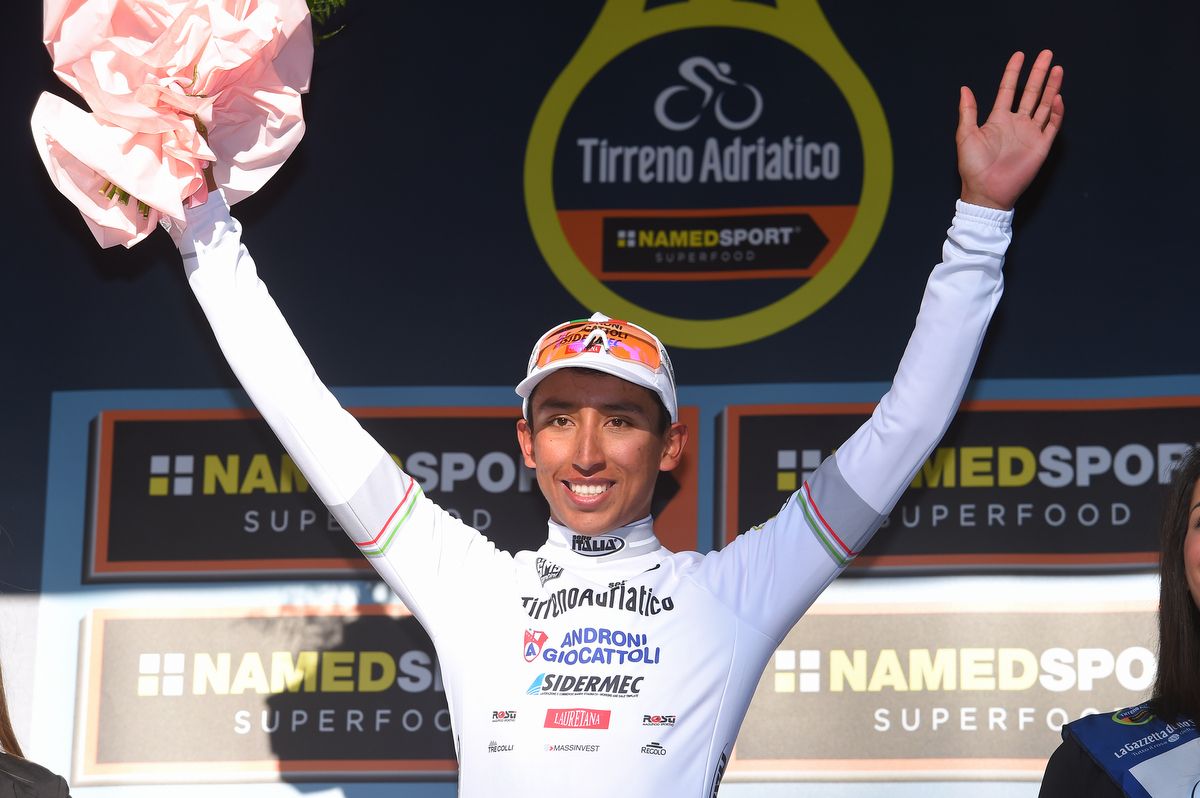 Egan Bernal (Androni Sidermec) enjoying his podium time at Tirreno-Adriatico