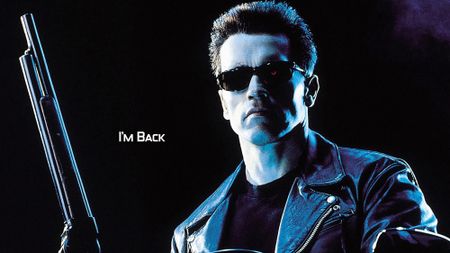 a slice of a movie poster with a cyborg in sunglasses