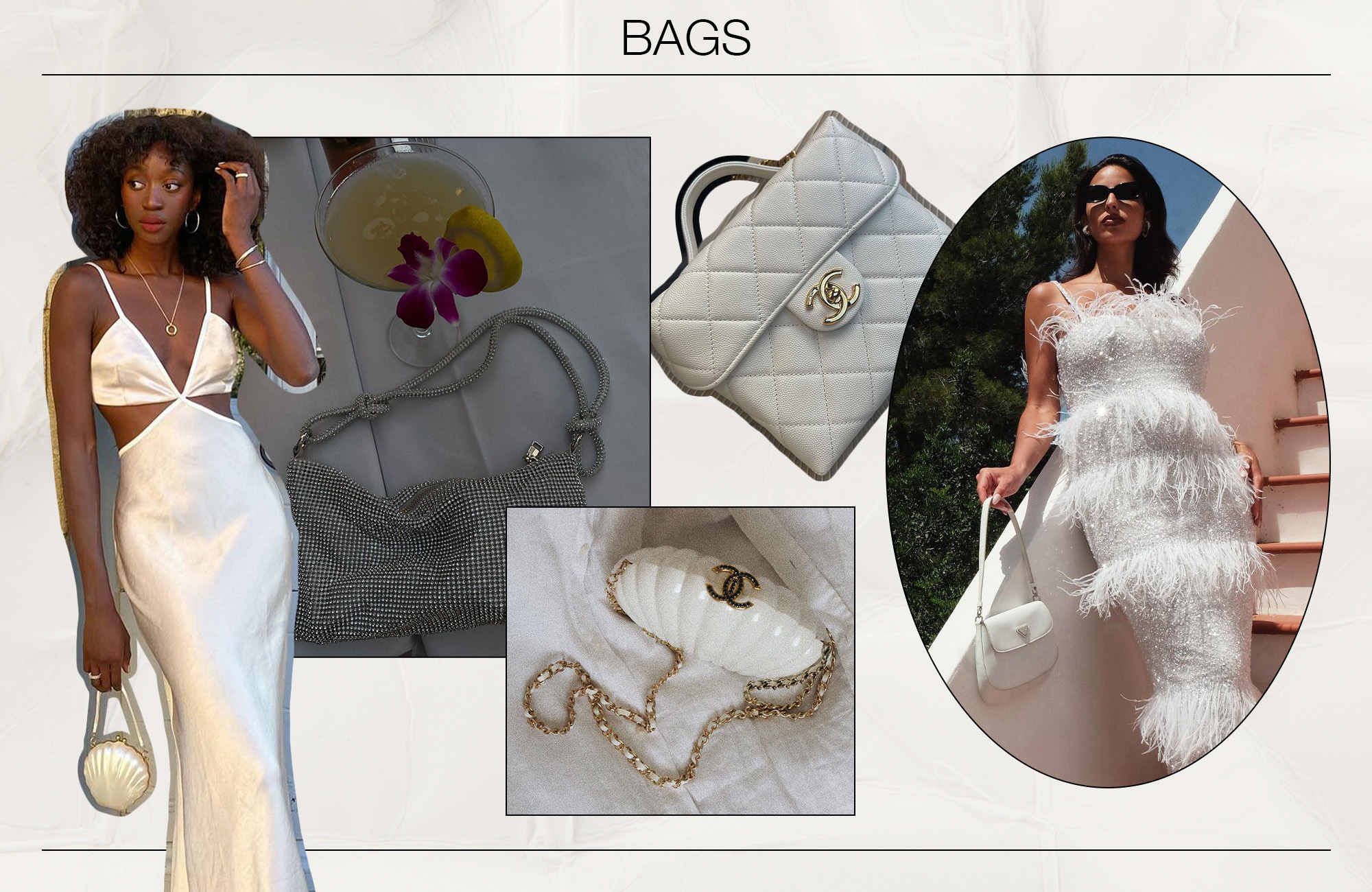 Woman in white dress, collage of handbags