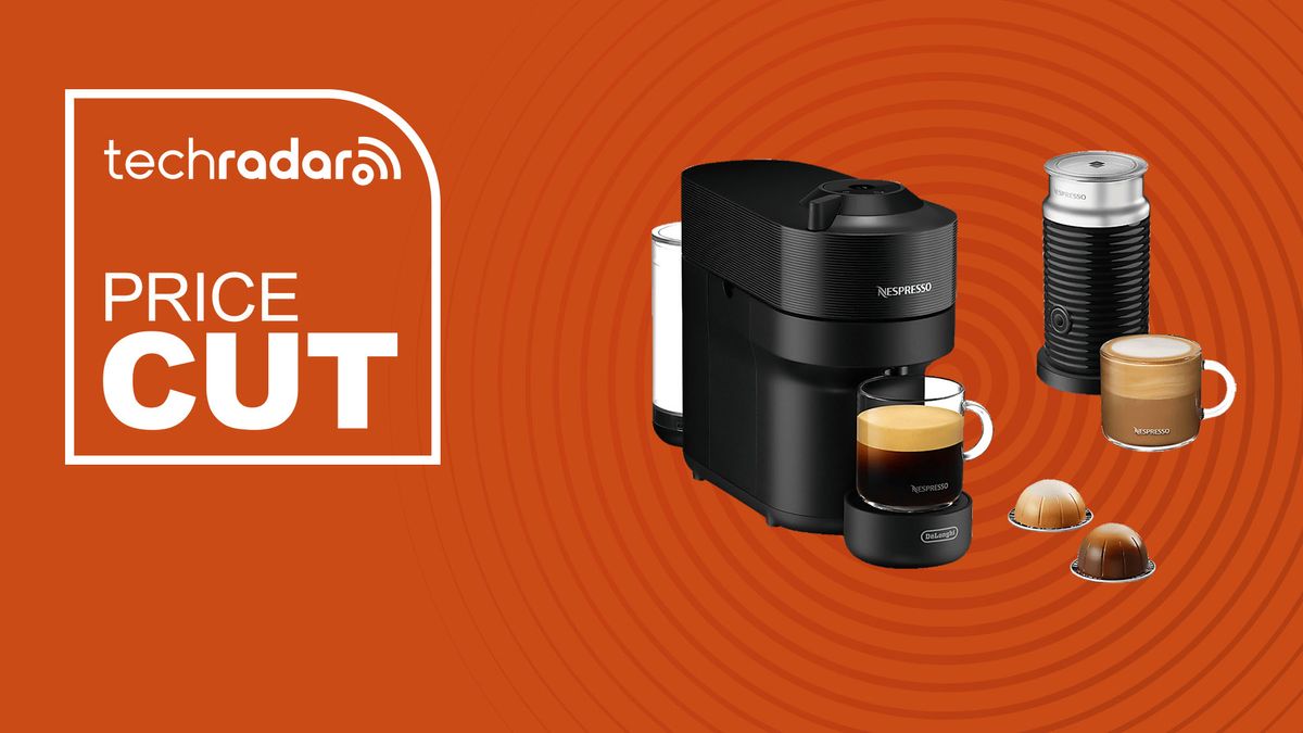 Nespresso Vertuo Pop+ Deluxe by De&#039;Longhi with Aeroccino on orange background with price cut sign