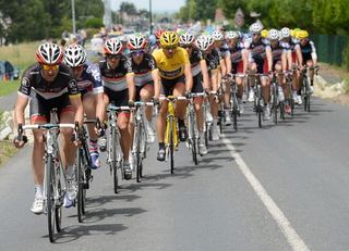 Jens Voigt (RadioShack-Nissan) sets tempo at the head of the peloton.