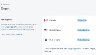Shopify's taxes options in the settings menu