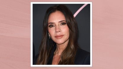 Victoria Beckham is pictured wearing a black blazer and is seen with a smoky eye-makeup look whilst arriving at the Premiere Of &quot;Lola&quot; at Regency Bruin Theatre on February 03, 2024 in Los Angeles, California/ in a pink template