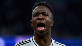 Vinicius Junior celebrates after scoring his second goal for Real Madrid against RB Salzburg in the Champions League in January 2025 and his 100th for the Spanish side in total.