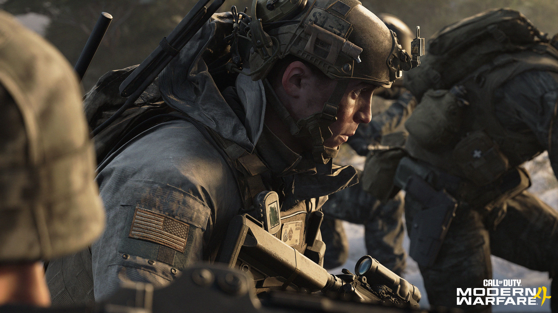 The camera focuses on soldier Corporal Dunn, a protagonist in the campaign for Call of Duty: Modern Warfare 4. Dunn is wearing military garb and flanked by two other soldiers who are out of focus.