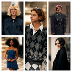 five women in a grid pattern wearing stylish outfits with bob haircuts