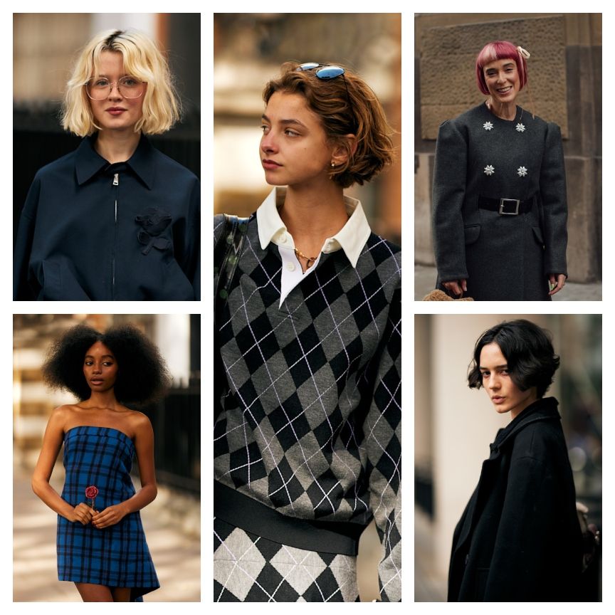 five women in a grid pattern wearing stylish outfits with bob haircuts