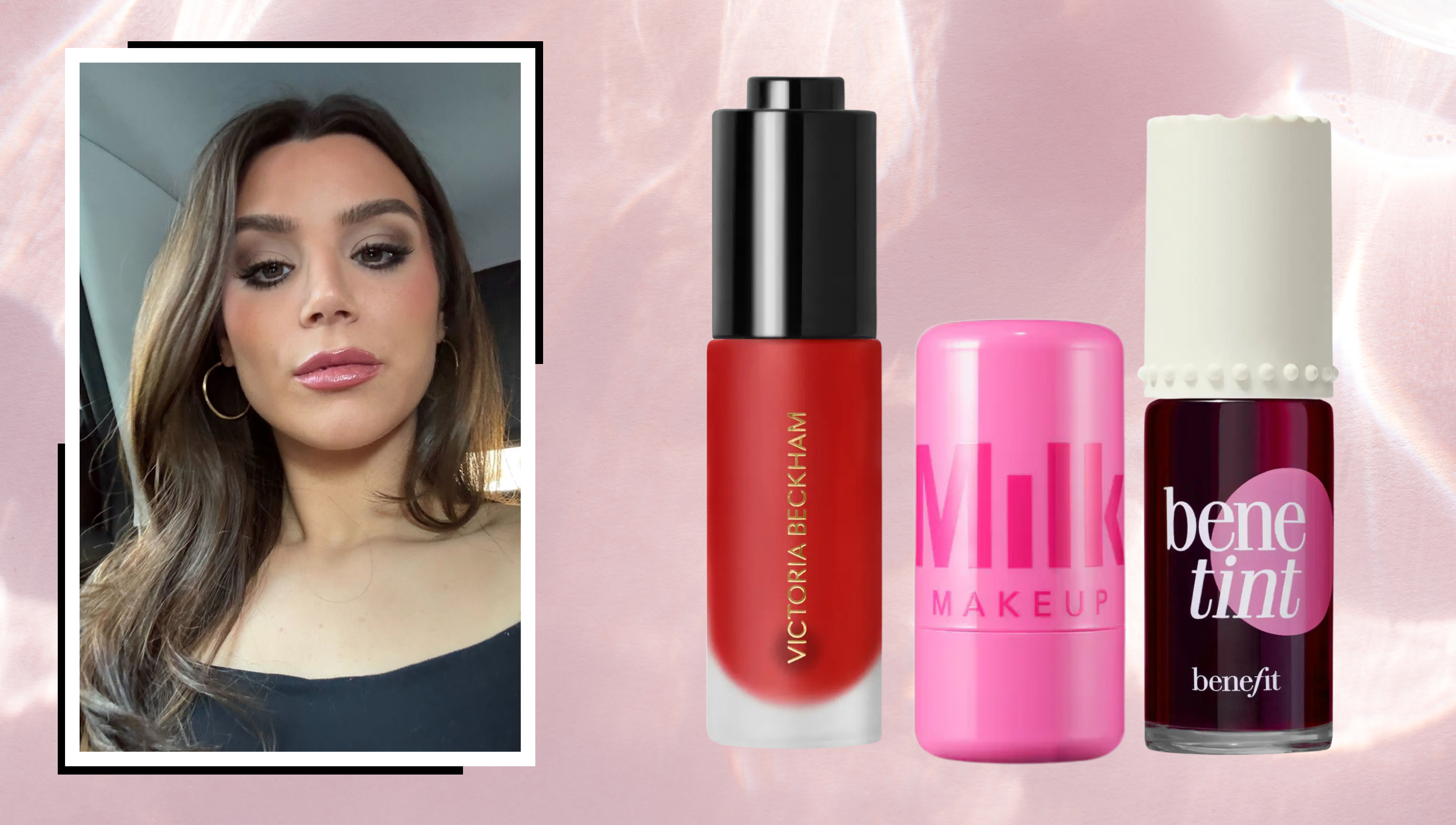 blush tints and stains on a pink background next to a brunette woman with smokey eye makeup