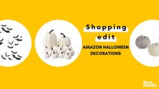 Amazon Halloween decorations graphic in yellow with white pumpkins, bat wall stickers and felt pumpkins