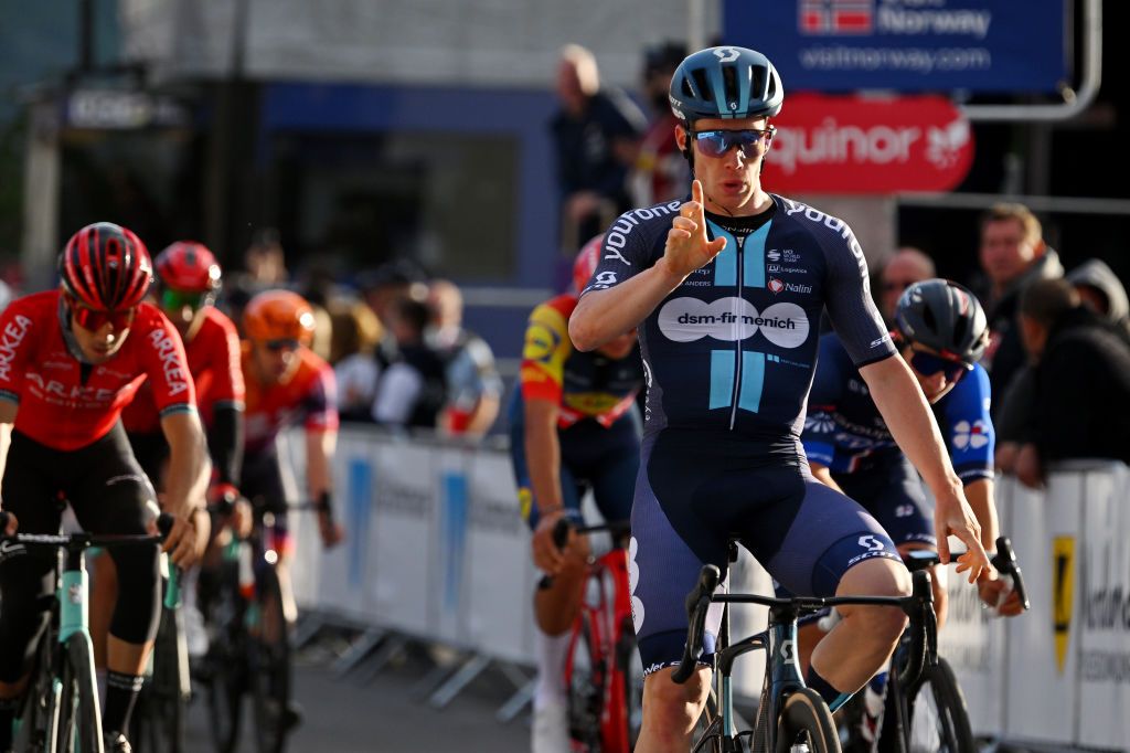 ALTA NORWAY AUGUST 17 Alberto Dainese of Italy and Team DSMFirmenich celebrates at finish line as stage winner during the 10th Arctic Race of Norway Stage 1 a 171km stage from Kautokeino to Alta UCIWT on August 17 2023 in Alta Norway Photo by Luc ClaessenGetty Images