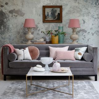 Grey living room, with a sofa and soft pink cushions