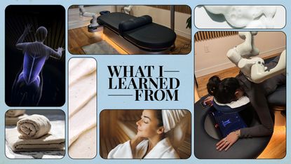 a collage of photos of a woman testing a robot massage