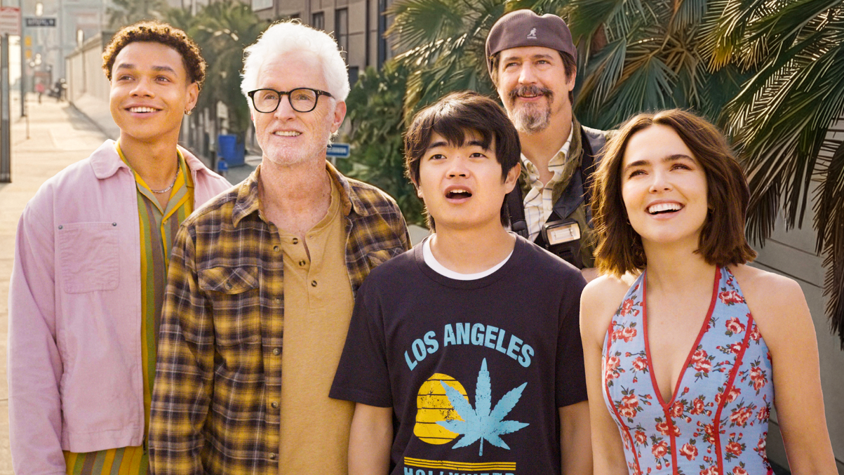 (L-R) Miles Gutierrez-Riley, John Slattery, Ben Wang, Ken Marino and Zoey Deutch in "Gail Daughtry and the Celebrity Sex Pass" (2026)