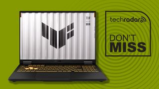 An Asus TUF Gaming laptop against a green TechRadar background