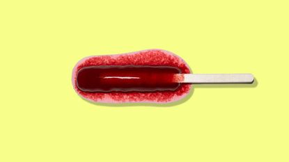 red, ice pop, mouth, material property, sausage, fast food, food, frozen dessert, american food, cuisine,