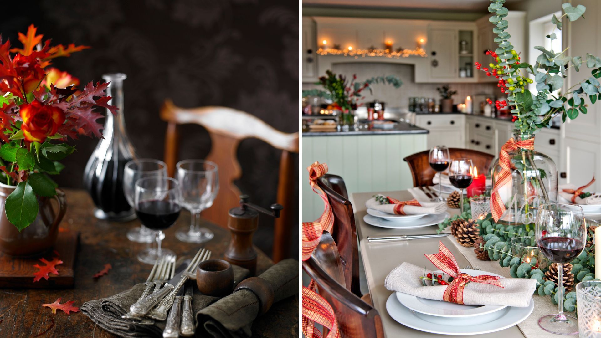 Christmas tables with wine in a carafe with wine glasses