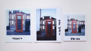 Polaroid Now+ Generation 2 side-by-side comparison images next to Instax Wide 400 and Instax Square SQ40 images