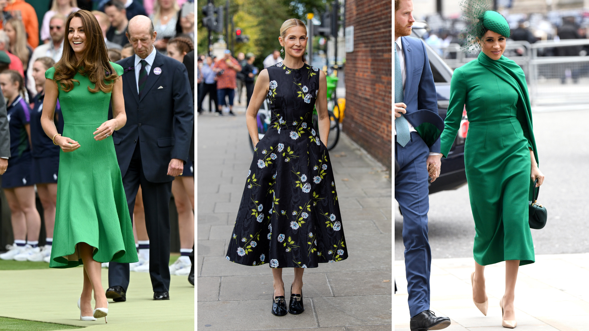 Kate Middleton, Kelly Rutherford and Meghan Markle wearing dresses by Emilia Wickstead