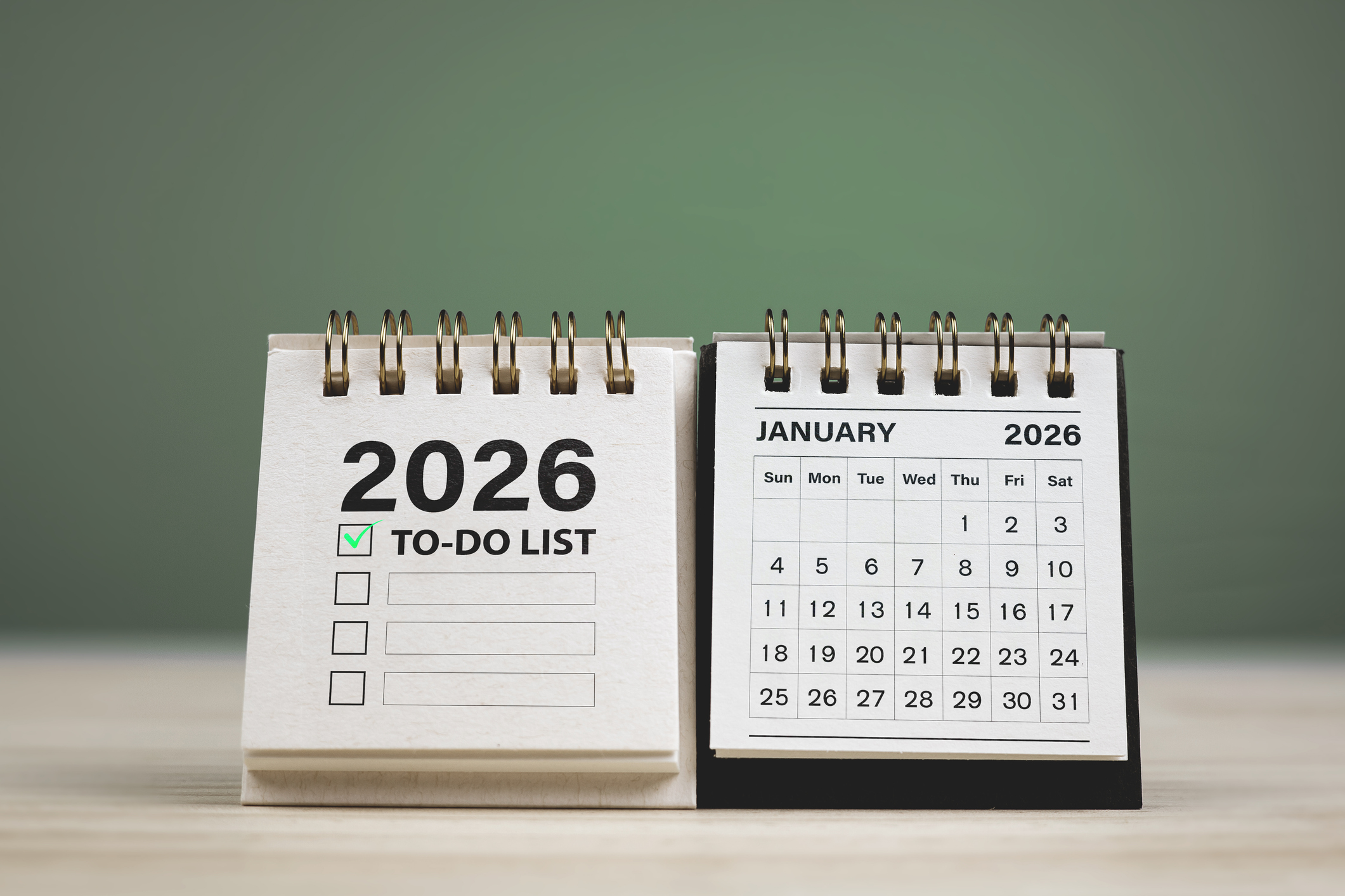 Calendar page January of year 2026 with To-do lists and planning new strategic goals.