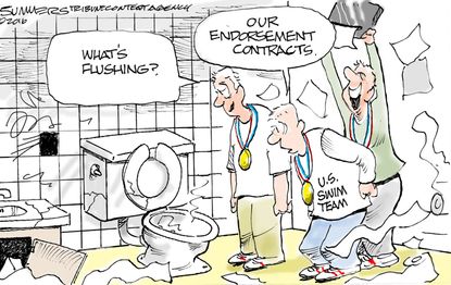 Editorial cartoon U.S. lying swimmers endorsement contracts Rio Olympics