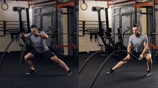 Tom Eastham demonstrates side lunge slam with battle ropes