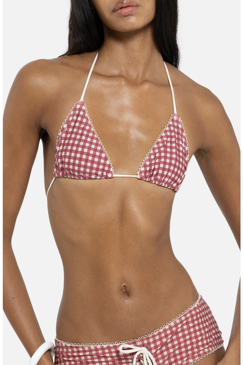 Gingham Picot Trim Triangle Bikini Top