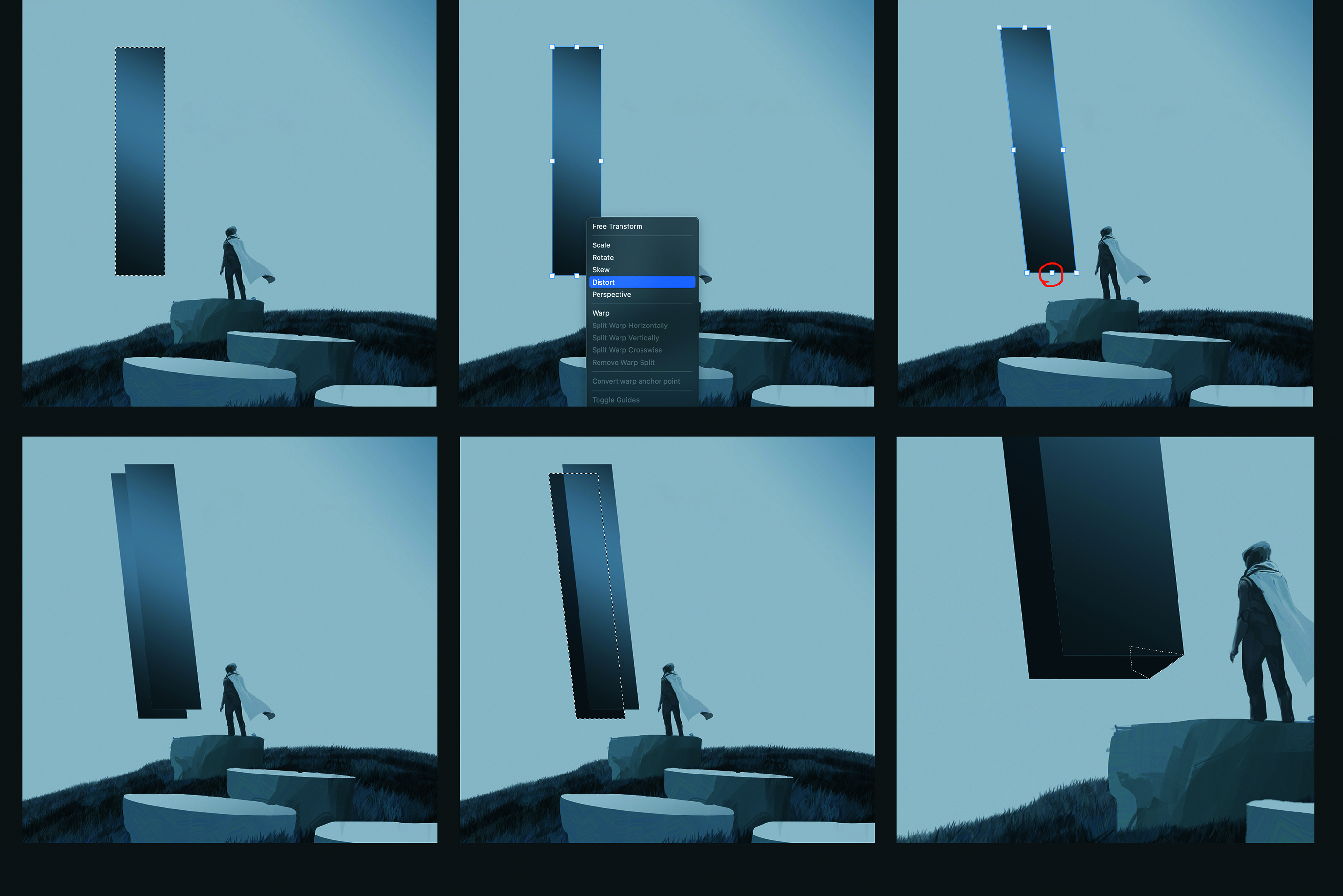 Part of the process of making digital art in Photoshop. The artwork shows a lone figure in a surreal dreamscape